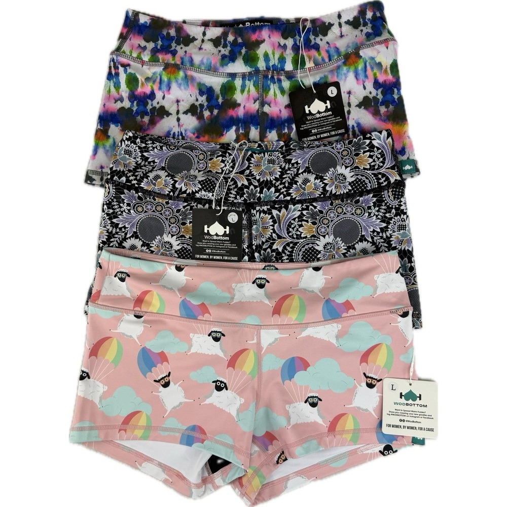 Wodbottom Shorts Women's Large Sheep Floral CrossFit Workout Gym Lot Of‎ 3 NWT
